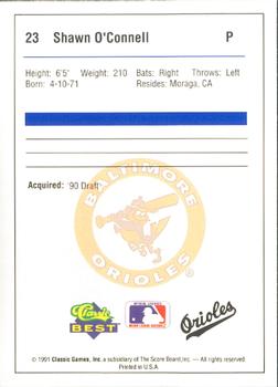 1991 Classic Best Bluefield Orioles #23 Shawn O'Connell Back