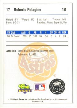 1991 Classic Best Burlington Astros #17 Roberto Petagine Back
