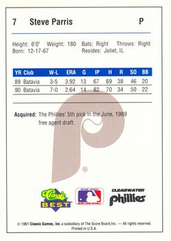 1991 Classic Best Clearwater Phillies #7 Steve Parris Back