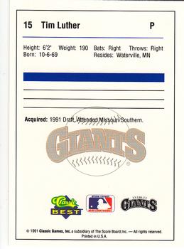 1991 Classic Best Everett Giants #15 Tim Luther Back