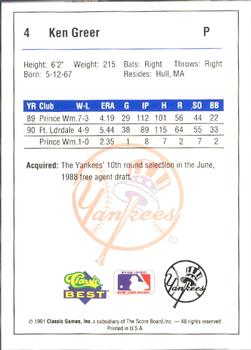 1991 Classic Best Ft. Lauderdale Yankees #4 Ken Greer Back