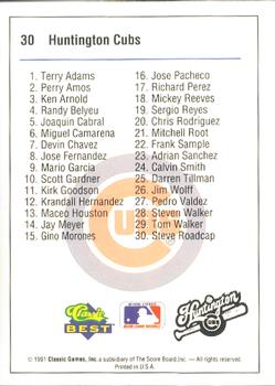 1991 Classic Best Huntington Cubs #30 Steve Roadcap Back