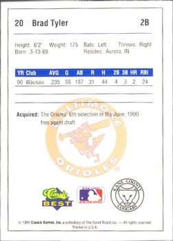 1991 Classic Best Kane County Cougars #20 Brad Tyler Back