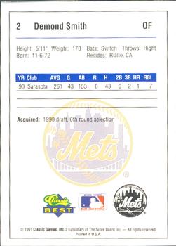 1991 Classic Best Kingsport Mets #2 Demond Smith Back