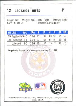 1991 Classic Best Lakeland Tigers #12 Leonardo Torres Back