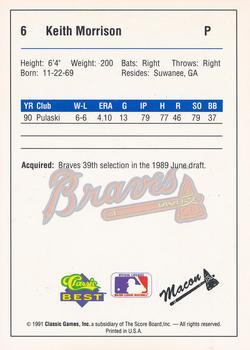 1991 Classic Best Macon Braves #6 Keith Morrison Back