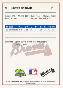 1991 Classic Best Macon Braves #9 Shawn Rohrwild Back