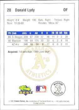 1991 Classic Best Madison Muskies #20 Donald Lydy Back