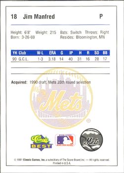 1991 Classic Best Pittsfield Mets #18 Jim Manfred Back