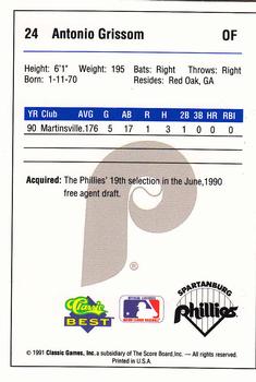 1991 Classic Best Spartanburg Phillies #24 Antonio Grissom Back