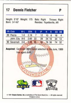1991 Classic Best Springfield Cardinals #17 Dennis Fletcher Back