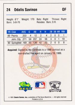 1991 Classic Best Springfield Cardinals #24 Odalis Savinon Back