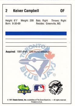 1991 Classic Best St. Catharines Blue Jays #2 Keiver Campbell Back