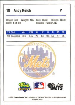 1991 Classic Best St. Lucie Mets #18 Andy Reich Back