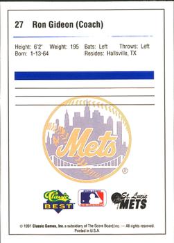 1991 Classic Best St. Lucie Mets #27 Ron Gideon Back