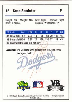 1991 Classic Best Vero Beach Dodgers #12 Sean Snedeker Back