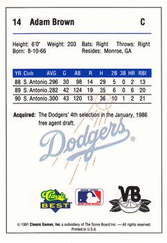 1991 Classic Best Vero Beach Dodgers #14 Adam Brown Back