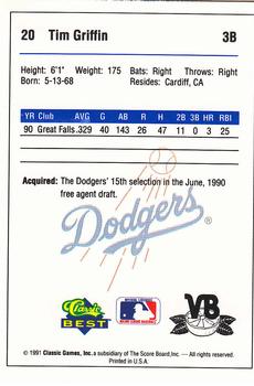 1991 Classic Best Vero Beach Dodgers #20 Tim Griffin Back