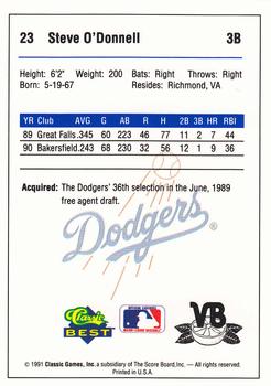 1991 Classic Best Vero Beach Dodgers #23 Steve O'Donnell Back