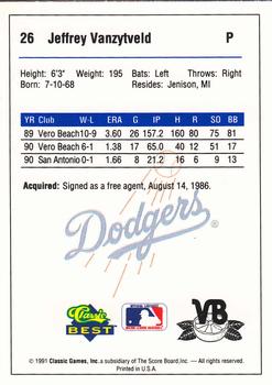 1991 Classic Best Vero Beach Dodgers #26 Jeffrey Vanzytveld Back