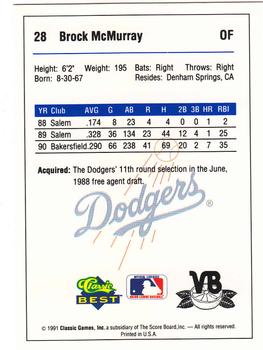 1991 Classic Best Vero Beach Dodgers #28 Brock McMurray Back