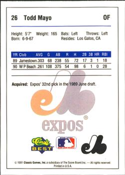 1991 Classic Best West Palm Beach Expos #26 Todd Mayo Back