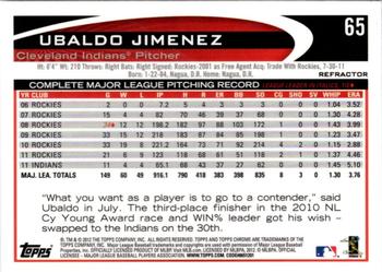 2012 Topps Chrome - Purple Refractors #65 Ubaldo Jimenez Back