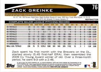 2012 Topps Chrome - Purple Refractors #76 Zack Greinke Back