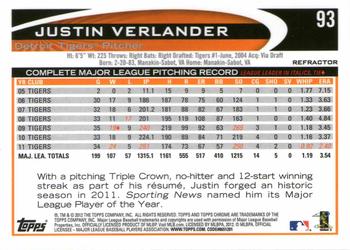 2012 Topps Chrome - Purple Refractors #93 Justin Verlander Back
