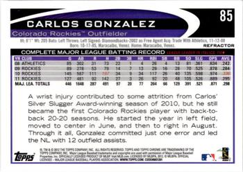 2012 Topps Chrome - Refractors #85 Carlos Gonzalez Back