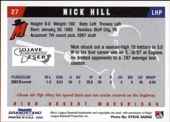 2008 Grandstand High Desert Mavericks #9 Nick Hill Back