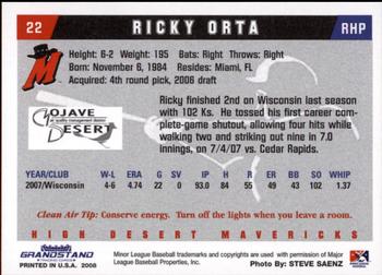 2008 Grandstand High Desert Mavericks #18 Ricky Orta Back