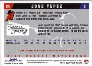 2008 Grandstand High Desert Mavericks #33 Jose Yepez Back