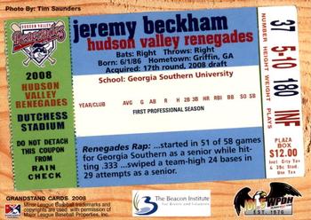2008 Grandstand Hudson Valley Renegades #NNO Jeremy Beckham Back