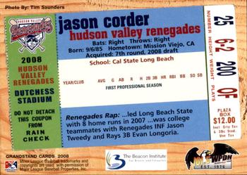 2008 Grandstand Hudson Valley Renegades #NNO Jason Corder Back