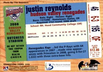 2008 Grandstand Hudson Valley Renegades #NNO Justin Reynolds Back
