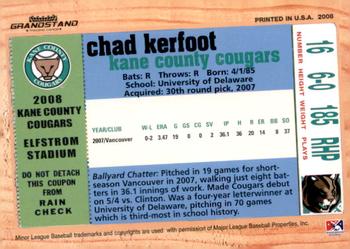 2008 Grandstand Kane County Cougars #NNO Chad Kerfoot Back