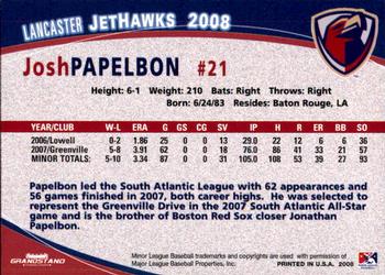 2008 Grandstand Lancaster JetHawks #21 Josh Papelbon Back
