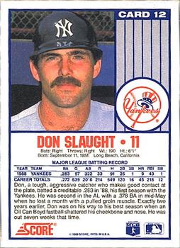1989 Score New York Yankees #12 Don Slaught Back