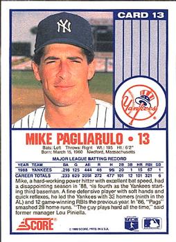 1989 Score New York Yankees #13 Mike Pagliarulo Back