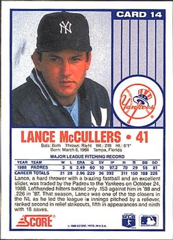 1989 Score New York Yankees #14 Lance McCullers Back