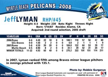2008 Grandstand Myrtle Beach Pelicans #20 Jeff Lyman Back
