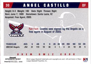 2008 Grandstand Orem Owlz #5 Angel Castillo Back
