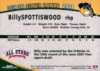 2008 Grandstand South Bend Silver Hawks #25 Billy Spottiswood Back