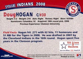 2008 Grandstand Spokane Indians #NNO Doug Hogan Back