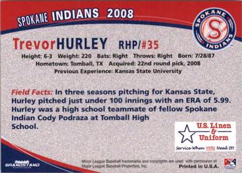 2008 Grandstand Spokane Indians #NNO Trevor Hurley Back