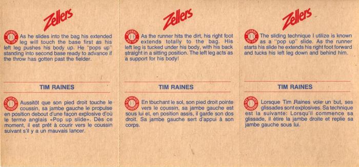 1982 Zellers Montreal Expos - 3-Card Panels #3A / 3B / 3C Tim Raines Back