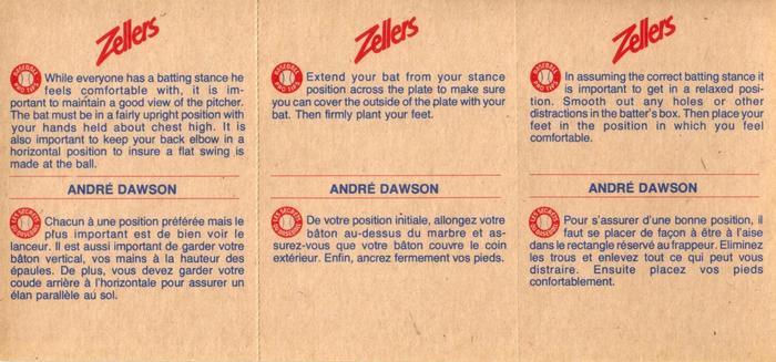1982 Zellers Montreal Expos - 3-Card Panels #4A / 4B / 4C Andre Dawson Back
