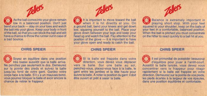 1982 Zellers Montreal Expos - 3-Card Panels #8A / 8B / 8C Chris Speier Back