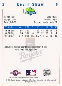 1992 Classic Best Baseball City Royals #2 Kevin Shaw Back